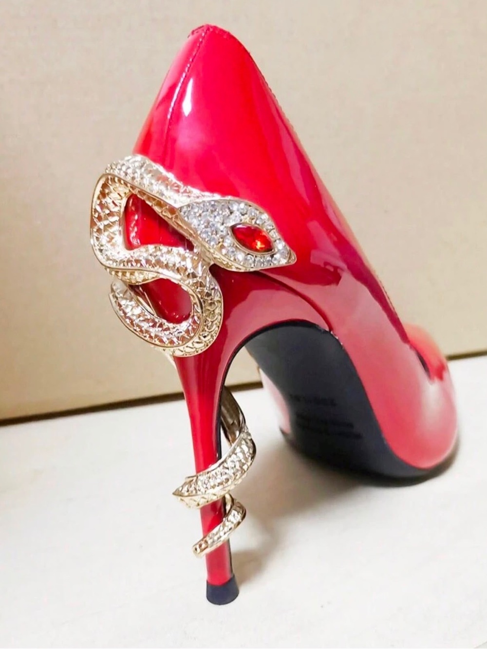 Red Patent Stiletto Heels with Gold Snake Accents - Picture 2 of 5